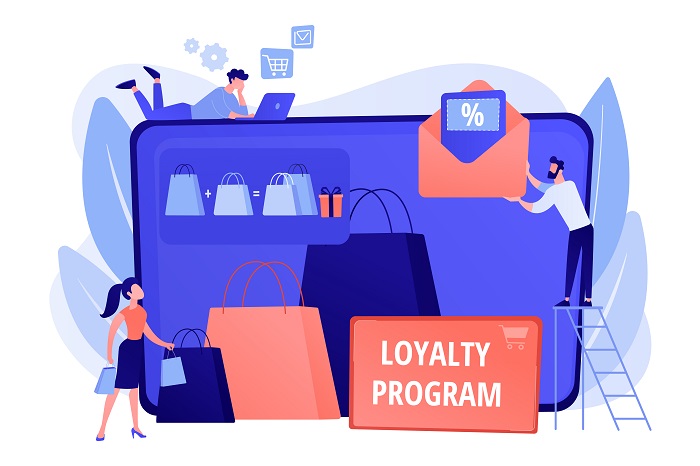 3 characters shopping online or at place with a sign next to them labeled Loyalty Program